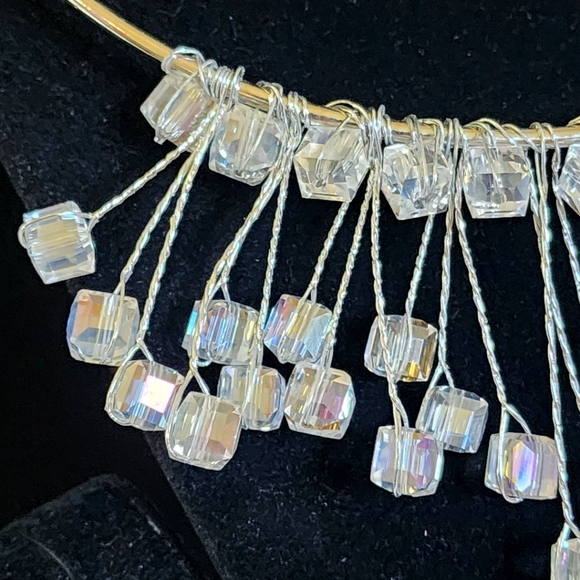Silver Square Crystal and Wire Choker Necklace Earrings Set New - Picture 5 of 8